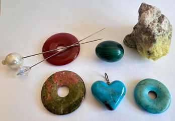 Natural Stone Pendant Circles, Heart Charm, Egg, Stone & 2 Vintage Hat Pins