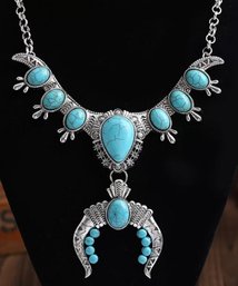 Fantastic Silvertone & Synthetic Turquoise Squash Blossom Necklace