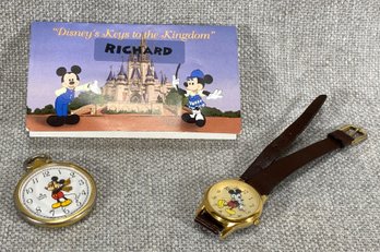 Disney - Mickey Mouse Wrist Watch (Japan), Lorus Quarts Pocket Watch (shiojiri Ltd, Hong Kong AH) & Key Pin