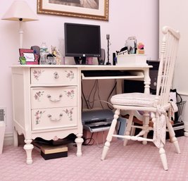 Lexington Ivory Rose Adorned Desk With Three Drawers And A Matching Spindle Chair With Seat Cushion