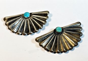 Pair Art Deco Sterling Silver Turquoise Dress Clips