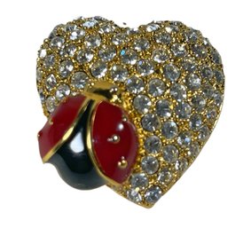 Signed Monet Enamel Rhinestone Heart And Lady Bug Brooch