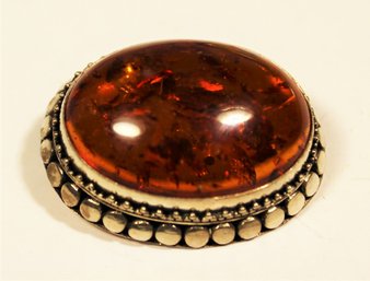 Sterling Silver And Large Genuine Amber Brooch