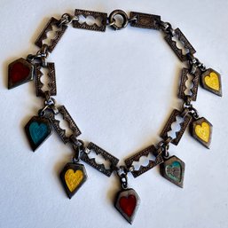 Vintage Sterling Silver Charm Bracelet With 7 Enameled Sterling Memory Hearts