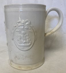 Antique Italian Ivory Glazed Pottery Mug With Applied Cameos