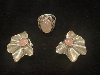 Sterling Silver Ring And Earrings With Pink Quartz Cabochon Stones