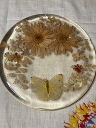 1970s Acrylic Resin Trivet With Pressed Flowers & Butterfly