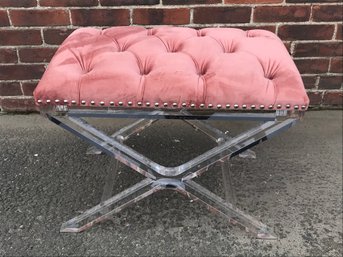 Truly Fabulous Lucite Bench With Salmon Velvet Button Tufted Upholstery - Very Sturdy - Fantastic Piece !