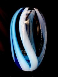 Vintage Incredible Hand-blown Art Glass Vase W/ Blue & White Freeform Stripe