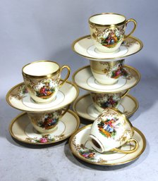 Lamm Dresden Hand Painted Paste Gold Demitasse Cups And Saucers