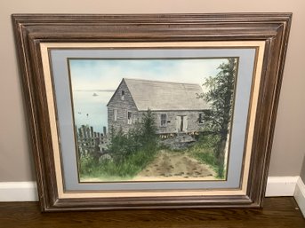 Framed Signed Watercolor Of A House On The Water