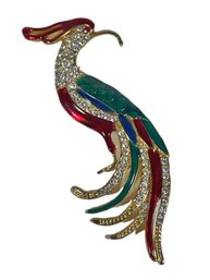 Large Contemporary Gold Tone Enamel Rhinestone Bird Of Paradise Brooch