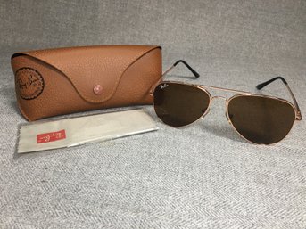 Brand New RAY BAN Aviator Sunglasses - Rose Gold Frames / Brown Lenses Sunglasses - With Case, Cloth & Booklet