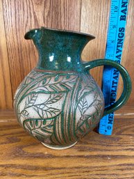 Green Handmade Pitcher Signed Susan 9in