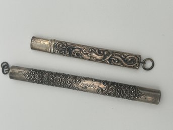 Pair Of Antique Sterling Silver Repousse Needle Cases- Part Of A Chatelaine