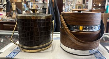 Serv-Master Creations Mid Century Ice Bucket And Wooden Brown Silver Mixed Color Ice Bucket With Handle. KSS/B5