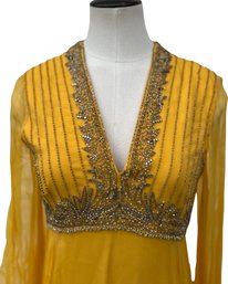 Vintage 1960s Size Small Handmade Canary Yellow Sparkly  Beaded Dress