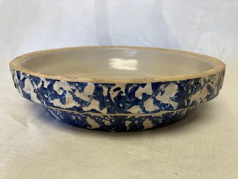 Antique Stoneware Shallow Bowl With Cobalt Spatter Glaze