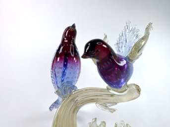 Murano Salviati Barbini 1950s Sommerso Purple And Blue Italian Art Glass Birds Sculpture