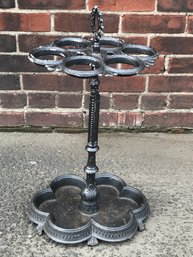 Classic English Style Vintage Cast Iron Cane / Umbrella Stand - Fantastic Patina - Six Holes - Water Tray Base