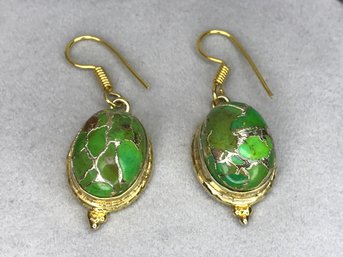 Fantastic Sterling Silver With Gold Overlay With Applied Gold Webbing On Green Turquoise Earrings - WOW !