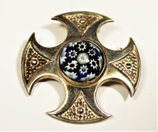 English Sterling Silver Maltese Cross Brooch Having Millefiori Paperweight Brooch