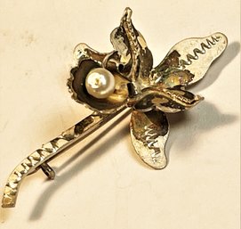 Vintage Sterling Silver Brooch Orchid Form Having Cultured Pearl