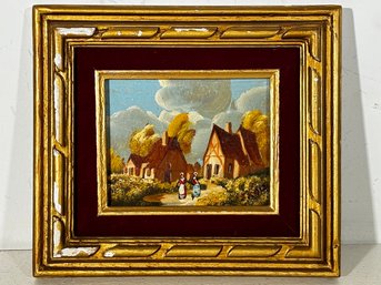 A Miniature Vintage Oil On Board - Dutch Village Scene