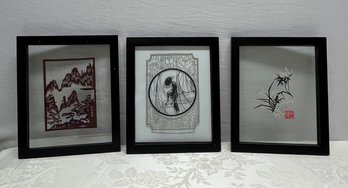 Group Og Three Framed Traditional Japanese Paper Cut Art