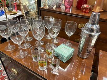 Bar Lot - 12 Wine Glasses, Chrome Shaker, 4 Glass Coasters & 4 German Shot Glasses