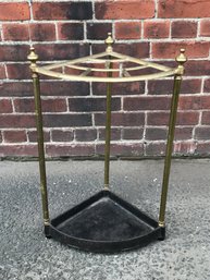 Lovely Vintage Corner Style Brass / Cast Iron Umbrella / Cane Stand With 5 Holes - Water Tray Base - Nice !