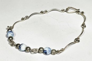 Sterling Silver Bracelet Having Blue And White Bead Stones Marked 925 7 1/2'