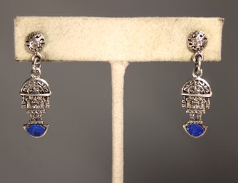 STERLING SILVER MEXICAN LAPIS DEITY FORMED PIERCED EARRINGS