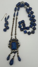 Antique Art Nouvrau Lapis Lazuli Statement Pendant Necklace And Earrings