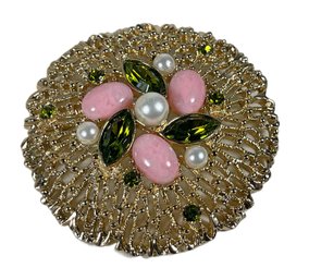 Signed Sarah Coventry Large Gold Tone Rhinestone Faux Pearl Brooch