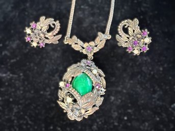 Brass Art Nouveau Faux Jade Glass Jewelry Suite