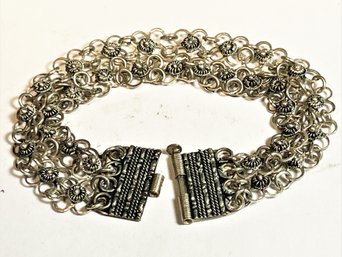 Middle Eastern Sterling Silver Fancy Floral Link Bracelet 7'