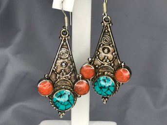 Wonderful Sterling Silver / 925 Earrings - Hand Made In Bali - Coral - Turquoise - Very Pretty Pair - Nice !