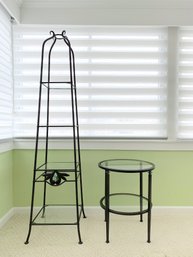 Wrought Iron Tower Shelf  And Round Metal Table With Glass Top