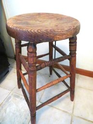 Vintage Carved Wood  Stool With Wrought Iron Rods
