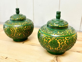 Pair Of VIntage Chinese Carved Green Yellow Porcelain Lacquer Covered Box With Lids