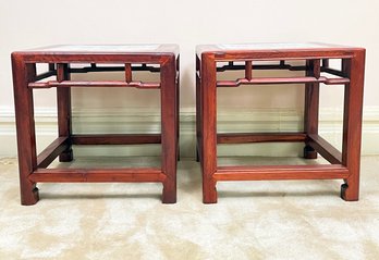 A Pair Of Vintage Chinese Rose Wood Side Tables With Inset Salt Glazed Tile Top