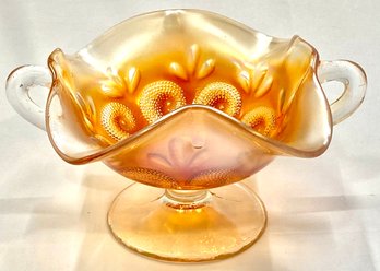 Antique Dugan Marigold Carnival Glass Pedestal 2-handled Bowl