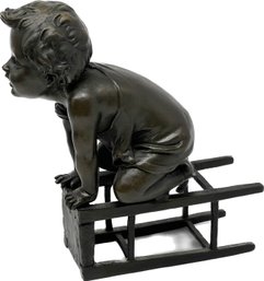 Signed Juan Clara Bronze Sculpture Child On Stool