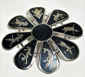 Siam Sterling Silver Niello Floral Form Dancer Brooch Vintage