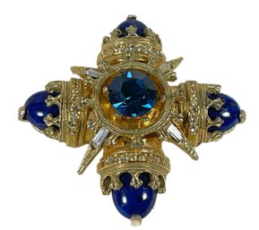 Signed BENEDICT, NY Blue Gold Tone Rhinestone Cross Brooch