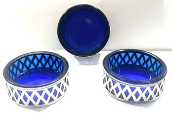 3 Sterling Silver Salt Cellars With Cobalt Blue Glass Inserts