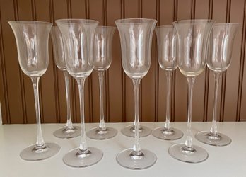 Set Of Nine Tall Handblown Crystal Wine Goblets