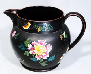 Very Early Wedgwood Basalt Milk Pitcher Having Enamel Flowers Hand Painted