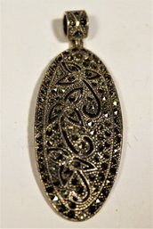 Large Sterling Silver Marcasite Elongated Pendant 2 1/4' Long